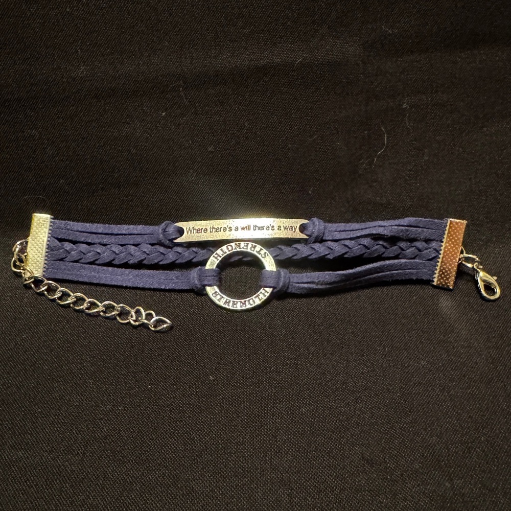 Blue Leather Braided Bracelet Strength & Inspirational Quote